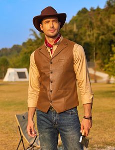 Gilet de Costume en Cuir pour Homme, Coupe Slim, Décontracté, Style Western, Léger, Col en V, Gilet Habillé - Product Image 5