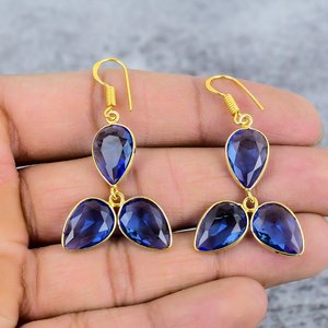 Blue Sapphire 925 <b>Sterling</b> <b>Silver</b> 18k Gold-Plated Trendy Flower Shaped <b>Wire</b> Handcrafted Earrings for Women Party Wedding - Product Image 2