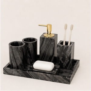 Ensemble d'accessoires de salle de bain en marbre noir avec pompe dorée, distributeur de savon moderne, porte-brosse à dents, fournitures de salle de bain de luxe - Product Image 1
