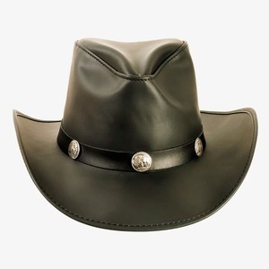 Chapeau de cowboy en cuir noir de qualité supérieure, à large bord, style western avec bande en concho métallique, style classique Rodeo Ranch pour hommes et femmes - Product Image 3
