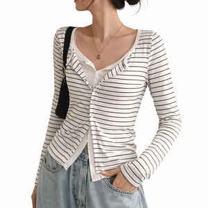 Compre un cárdigan a rayas de alta calidad para mujer, de manga larga, tejido acanalado, ajustado, informal, con botones. - Product Image 2