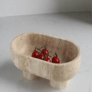 Bol décoratif en travertin naturel, 10 petits plateaux ovales sur piédestal, fait main, beige - Product Image 5