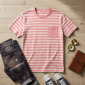 T-shirts pour hommes de haute qualité en gros, avec poche poitrine, en coton respirant, rayés, unisexes, manches courtes - Product Image 4