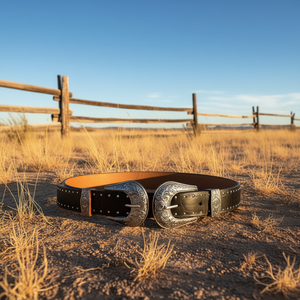 Cintura in Vera Pelle con Doppia Fibbia 3x100cm, Accessori Argento, Stile Western - Product Image 2