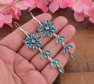 925 <b>Sterling</b> <b>Silver</b> Gold Plated Blue Topaz Water Drop Flower Vintage Earrings Unisex Women's Wedding Engagement Gift Party - Product Image 1