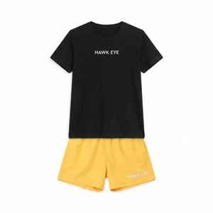 Ensemble décontracté deux pièces pour femme : T-shirt noir en coton avec imprimé œil de faucon et short jaune – Tenue sportive printemps-été coupe classique - Product Image 6