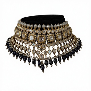 Collar de Oro Sólido de 22K con Diseño Kundan para Novia, con Trabajo de Esmalte Meenakari Azul Real y Gotas de Perlas Naturales para Mujer - Product Image 1