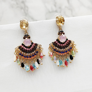 Boho Pageant Ethnic Style Retro Handmade <b>Color</b> <b>Beaded</b> Fan-Shaped Long Tassel Earrings - Product Image 2