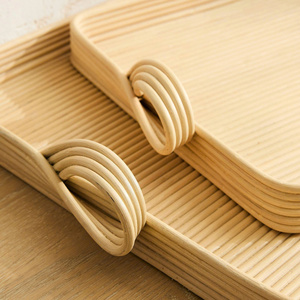 Minimalist Natural Rattan Serving Tray Set with Handles, Handwoven <b>Wicker</b> Decorative Trays for <b>Coffee</b> <b>Table</b> - Product Image 4