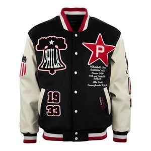 Chaqueta Varsity Negra y Roja para Hombre con Bordado en Toda la Superficie, Estilo Béisbol Vintage, Cuello Camisero - Product Image 2