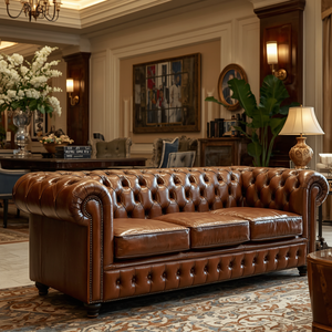 Sofá Chesterfield de Cuero Marrón Vintage de 3 Plazas, Directo de Fábrica, Tapizado, para Vestíbulo de Hotel, Sala de Estar, Proveedor Mayorista - Product Image 3