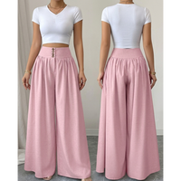 Pantalon palazzo taille haute pour femmes, coupe large, avec détails boutonnés, ceinture élastique plissée Sahara, tissu tissé, décontracté et élégant