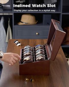 12-Slot Watch <b>Box</b> Watch Display Case with <b>Large</b> Glass Lid Removable Pillows Velvet Lining <b>Gift</b> Idea - Product Image 4