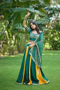 Indian Pakistani Women's Cotton Floor-Length Party Lampi Lace Work <b>Lehenga</b> Choli Bandhej Print Sequence Work Coding Work Dupatta - Product Image 3