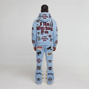 Ensemble de survêtement streetwear pour homme avec sweat à capuche zippé et pantalon large en molleton de coton épais - Product Image 2