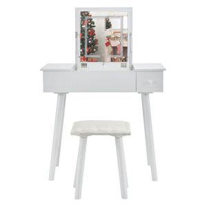Modern White Oak <b>Vanity</b> <b>Table</b> Set LED <b>Mirror</b> Flip Top Makeup Desk Cushioned Stool 2 Drawers 2 Drawers Writing Desk 2 Drawers 2 - Product Image 1