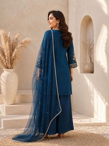 Conjunto de Salwar Kameez Azul Bordado para Mujer, Tela Pesada Reversible y Elástica, Sin Arrugas, Traje para Bodas, Diwali y Fiestas - Product Image 2
