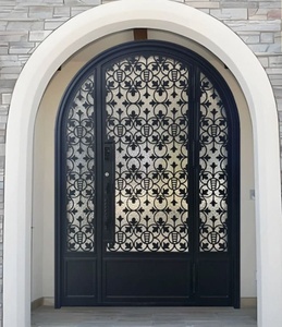 Rust-resistant wrought iron main door featuring geometric patterned glass panels – Easy-to-assemble design for entryways. - Product Image 2