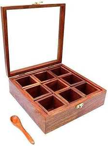 Export Quality <b>Wooden</b> Masala <b>Box</b> with Lid Kitchen Spice Storage Organizer - Product Image 4