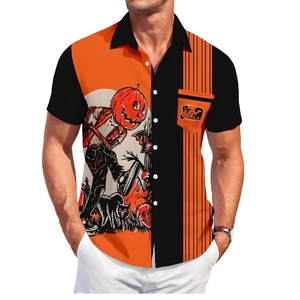 Chemise décontractée à manches courtes pour homme, imprimé Halloween, motif citrouille, chauve-souris, chat, orange et noir, col rabattu, respirante, pour l'été - Product Image 1