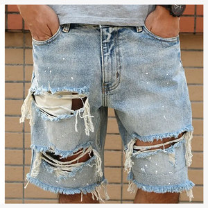 Shorts Bermuda en jean déchiré bleu clair pour homme, taille mi-haute, couleur unie, fermeture boutonnée, style décontracté, tissu en coton tissé - Product Image 4