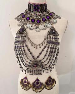 Collar de Monedas Afganas Vintage con Gemas Moradas, Colgantes de Plata Antigua, Motivos Triangulares, Cadenas Multicapa, Estilo Étnico - Product Image 1