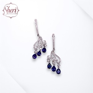 [Sheri Jewels] 18K Solid White Gold Pear Shape Vintage Natural Sapphire & Diamond Dangle Earrings for Women - Anniversary Gift - Product Image 1