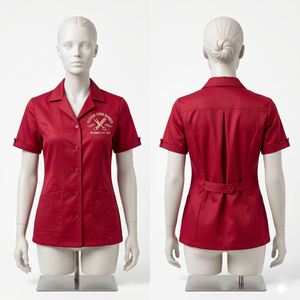 Chemise de barbier pour femme 180 GSM en polycoton, design à panneaux contrastants rouges, broderie personnalisée, impression sérigraphique, logo par transfert thermique - Product Image 1