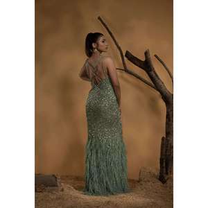 Luxury Green Sequin Mermaid Evening Gown <b>Spaghetti</b> <b>Strap</b> | Deep V Neck Feather Hem Party Dress | Women India 2026 Designer Wears - Product Image 2