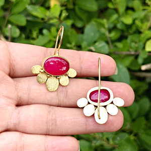 Trendy women's <b>earring</b> oval cabochon fuchsia chalcedony dangle <b>earring</b> solid brass 18k gold plated brushed finish texture drops - Product Image 4