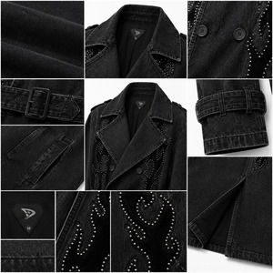 Gabardina de Mezclilla de Lujo con Apliques de Pedrería para Hombre, Estilo Gótico, Negra, Larga, con Doble Botonadura y Cinturón - Product Image 4