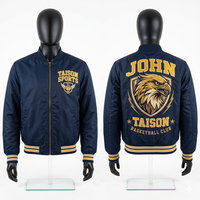 Blouson Bomber Homme en Tissu Satiné Polyester Bleu avec Manches Dorées, Design Panneau Varsity, Broderie Chenille, Logo Personnalisé – Vestes Homme