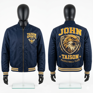 Chaqueta Bomber para Hombre, Tela de Poliéster Satinado, Cuerpo Azul, Mangas Doradas, Diseño de Paneles Varsity, Bordado Chenille, Logotipo Personalizado - Product Image 2