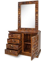 Table de toilette moderne en bois de manguier massif sculpté |   Coiffeuse 3D en osier tressé avec grand miroir et 5 tiroirs |   Écologique et durable