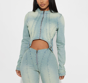 Women's Stonewashed <b>Denim</b> <b>Crop</b> <b>Jacket</b> With Zipper Front Long Sleeve Skinny Fit Solid Color Spring Fashion Sexy Club Style - Product Image 1