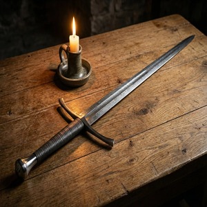 Réplica de Espada Medieval de Acero de Damasco Hecha a Mano - Empuñadura y Funda Envueltas en Cuero Premium, Colección de Caballeros para Exhibición - Product Image 5