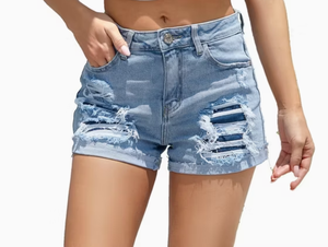 Shorts de Mezclilla Rasgados de Cintura Alta para Mujer, Corte Regular, Lavado Claro, Cierre con Cordón, Tejido de Punto, Suave y Transpirable, para Verano - Product Image 3