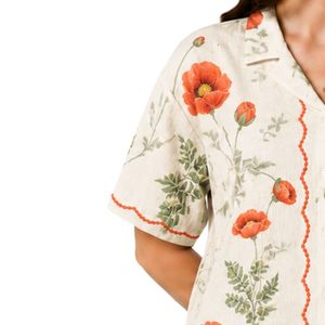 Camisa Blanca con Estampado Floral Naranja para Mujer, Manga Corta, Cierre de Botones, Blusa Casual de Verano de Algodón con Cuello, Tops de Moda Personalizados OEM - Product Image 3