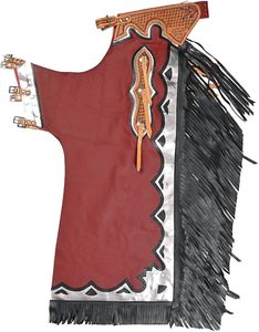 Western Leather Chaps <b>Men</b> Full Grain Red with Black Fringe Silver Buckles Riding Protection Apron - Product Image 3
