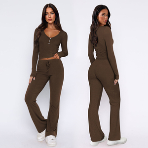 Ensemble de survêtement pour femmes, couleur unie, manches longues, col en V, pantalon à cordon de serrage, décontracté, respirant, en coton et élasthanne, pour le printemps - Product Image 3