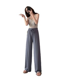 Pantalones Anchos de Cintura Alta para Mujer, Holgados, Largos, de Algodón, con Cordón, Casuales, de Verano, Color Negro Sólido - Product Image 5