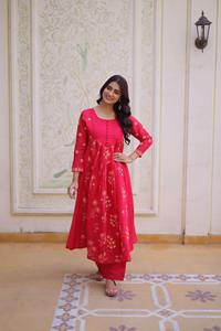 Women's Embroidered <b>Silk</b> Chanderi Kurti Set Pants Premium Summer Ethnic Wear Party Indian Designer Loose Fit Moisture - Product Image 2