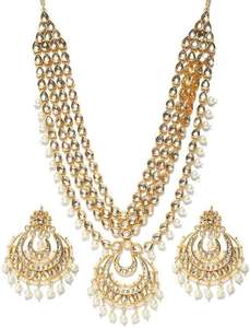 Indian Stylish Layered Pearl Rani Haar Long Kundan Necklace Jewellery <b>Set</b> Wedding Engagement Party Gift Antique Gold Plated - Product Image 2