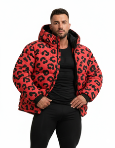 Veste matelassée à capuche pour homme, imprimé léopard rouge et noir, manteau d'hiver style streetwear, vêtement d'extérieur tendance - Product Image 3