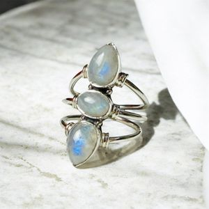 Natural Rainbow <b>Moonstone</b> <b>Ring</b> 925 Sterling Silver Handmade Adjustable Three Stone Gemstone <b>Ring</b> for Women Wholesale Jewelry - Product Image 1