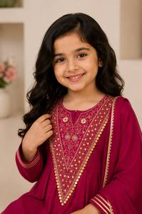 Ensemble Kurta Pyjama pour Filles avec Broderie, en Satin Japonais Premium, Doublure en Micro Coton, Dupatta, Tenue Traditionnelle Indienne/Pakistanaise, Séchage Rapide - Product Image 4