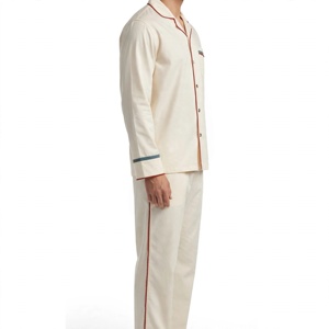 <b>Men's</b> Cream <b>Pajama</b> <b>Set</b> Long Sleeve Button Up Shirt and Lounge Pants with Red Piping - Product Image 3