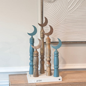 Handcrafted Wooden Moon Finial Stand Set For <b>Rustic</b> <b>Home</b> & Eid <b>Decoration</b>. Elegant Turned Pillars, Unique Tabletop Accents - Product Image 6