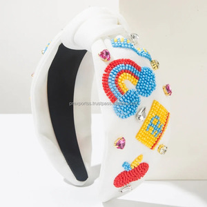 Diadema con cuentas de tema escolar, diseño de lápiz de manzana arcoíris, hecho a mano, anudado, ecológico, ajustable, Unisex, cumpleaños, OEM - Product Image 2