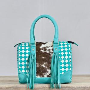 Bolso Speedy de Cuero con Diseño de Tablero de Ajedrez Turquesa, Panel de Piel de Vaca y Detalle de Borla, Estilo Casual, Cierre de Cremallera - Product Image 2